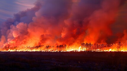 A panoramic view of the fire, with flames engulfing an entire field and smoke filling the sky. The intensity is captured in high resolution, showcasing a breathtaking display of nature's fury. 