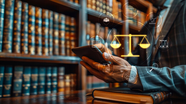 Lawyer with Digital Scales Icon in Library. Lawyer holding a tablet with a digital scales icon, standing in a traditional library, merging law and technology for modern legal practices.