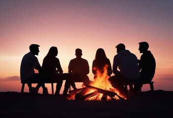 silhouette of A group of friends camping around a crackling bonfire, dramatic sunset