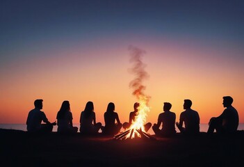 Fototapeta premium silhouette of A group of friends camping around a crackling bonfire, dramatic sunset