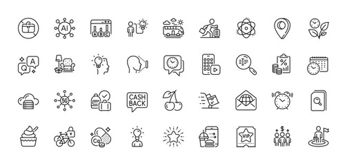 Bus travel, Cloud server and Leaves line icons pack. AI, Question and Answer, Map pin icons. Search files, Business idea, Travel delay web icon. Phone app, Alarm clock, Atom pictogram. Vector