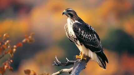 Fototapeta premium A majestic hawk perched on an autumn branch.