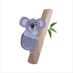 Children's cute animal card. Koala bear sitting on a tree. Cute character for kids. Isolated vector illustration for children.