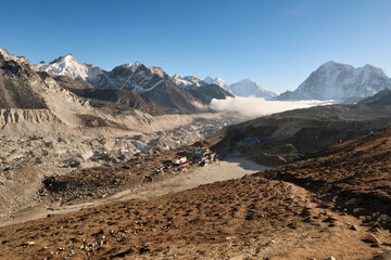 View from the way up to Kala Patthar, Pather onto Gorakshep, Gorak Shep village next to the Khumbu Glacier, Mount Lobuche, Thamserku, Kangtega, Pokalde, Kongma Tse, Mount Everest Base Camp Trek, Nepal