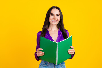 Photo of positive smiling lady hold open book isolated bright color background