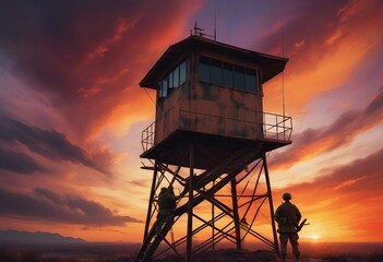 silhouette of a soldier standing guard on a military watchtower during a dramatic sunset