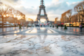 Empty marble table with a blurry view of the lights of Paris background for advertising and for product display, Eiffel tower and parisian roofs at sunrise Paris, France