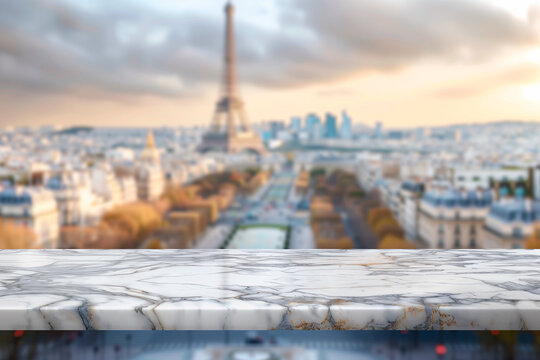 Empty marble table with a blurry view of the lights of Paris background for advertising and for product display, Eiffel tower and parisian roofs at sunrise Paris, France
