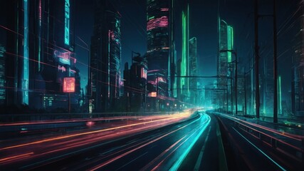 Illustration sketch, night neon futuristic cityscape and highway