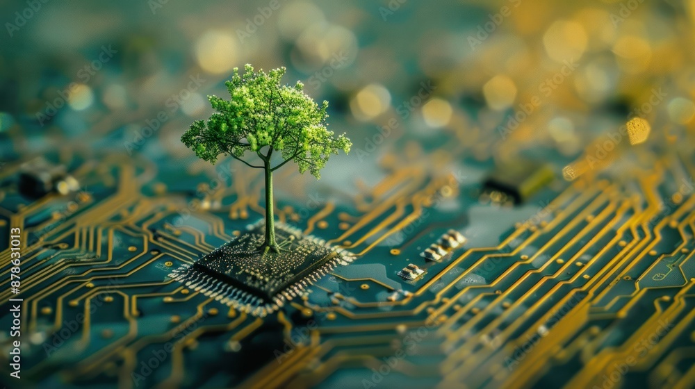 Poster tree sapling that broke out from computer chip ,