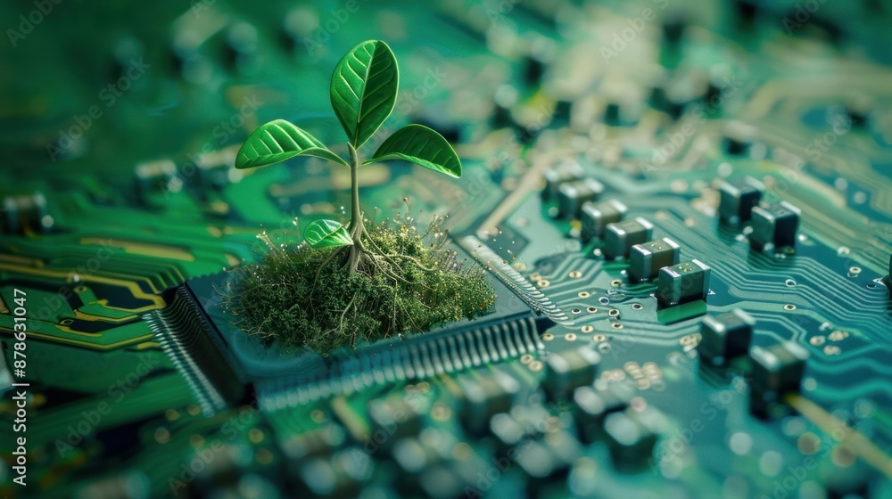 Poster tree sapling that broke out from computer chip ,