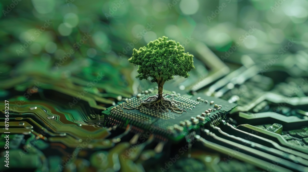 Poster tree sapling that broke out from computer chip ,