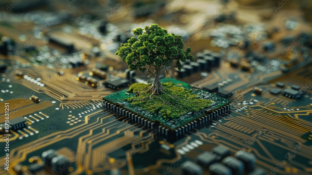 Poster tree sapling that broke out from computer chip ,
