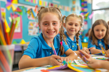 Fototapeta premium Children in arts class enjoying drawing and making crafts for school