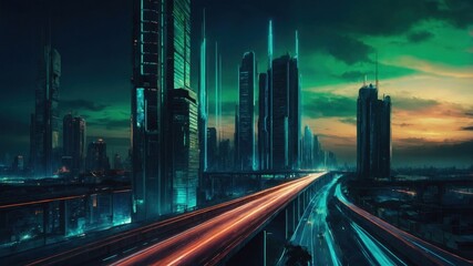 Fototapeta premium Illustration sketch, night neon futuristic cityscape and highway