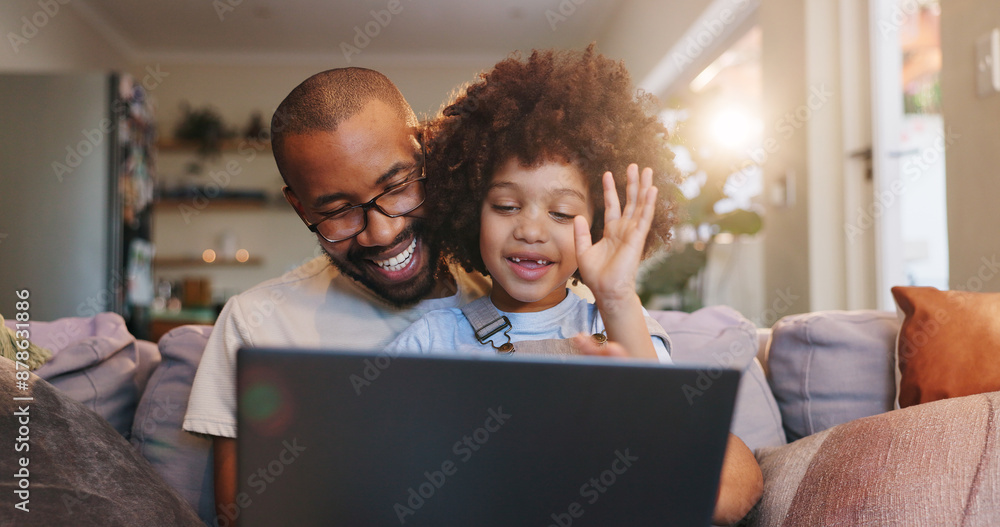 Poster home, dad and boy with laptop for video call on sofa in living room for communication and networking