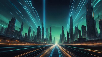 Illustration sketch, night neon futuristic cityscape and highway