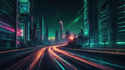 Illustration sketch, night neon futuristic cityscape and highway