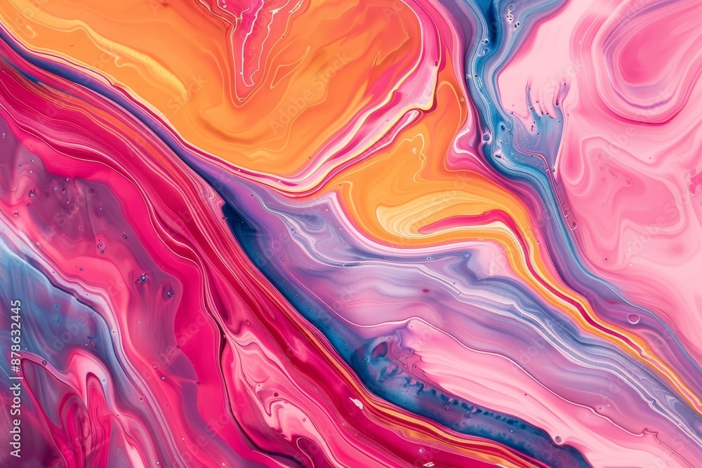 Poster close-up view of a colorful liquid painting with vibrant hues blending in a swirling motion, blend c