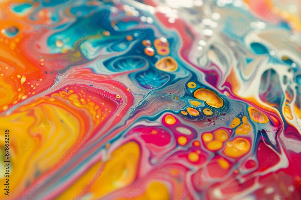 Poster swirling motion of vibrant fluid paint creating colorful patterns, blend colors together in a swirli