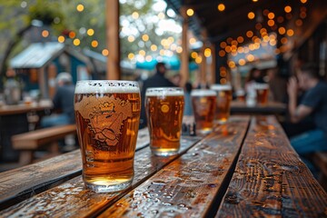 Diverse groups of people celebrating International Beer Day in a lively beer garden setting