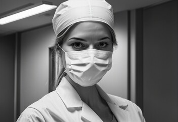 Fototapeta premium Invisible Heroes: Disguised in Monochrome Protective Gear, Medical Professionals Display Courage and Dedication on the Frontlines of Healthcare