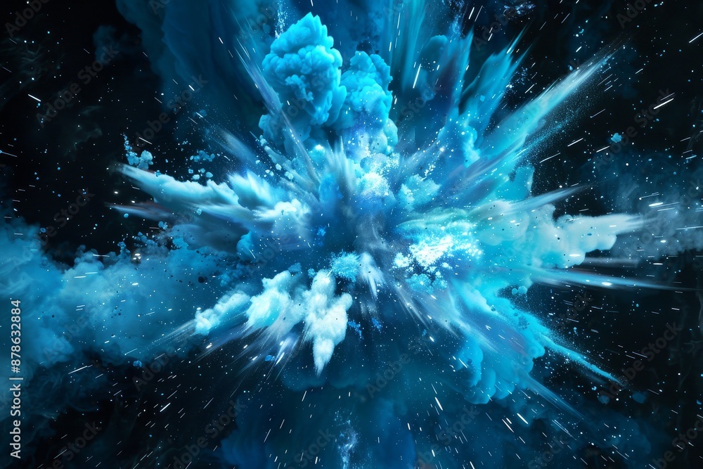 Poster a dynamic burst of blue and white colors exploding vividly against a dark background, blend differen