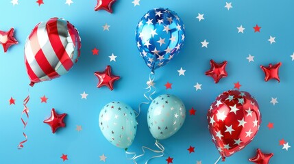 US Independence Day concept. Top view foil balloon in American flag colors and decorations