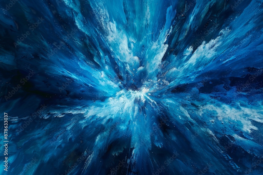 Poster abstract painting featuring a seamless blend of blue and white colors in intricate patterns, blend d