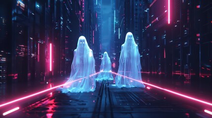 A hightech cityscape where holographic ghosts drift through the streets, merging the ethereal presence of spirits with advanced digital projections in high tech, with copy space