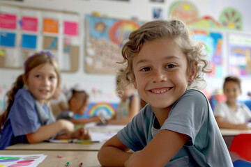 Children in arts class excitedly drawing and crafting for back to school