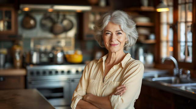 Portrait of mature Caucasian woman standing in her cozy farmhouse kitchen, cooking concept, copy space