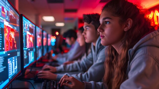 Students Exploring Cybersecurity in a High-Tech Computer Lab with Vibrant Screens - Powered by Adobe
