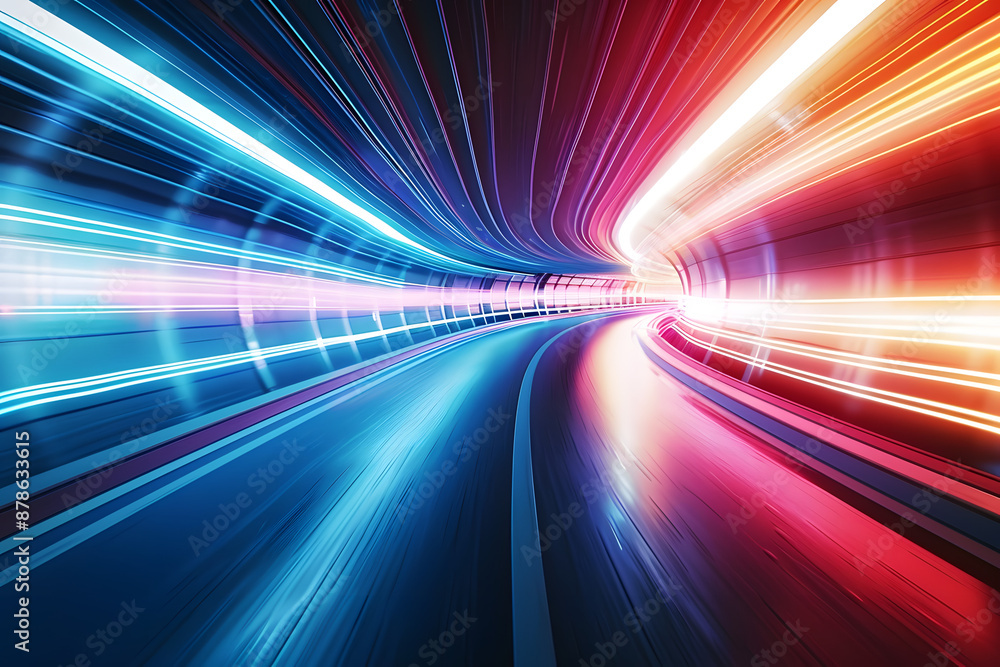 Poster dynamic abstract background with long neon lines glowing trails in a tunnel. glowing abstract circul