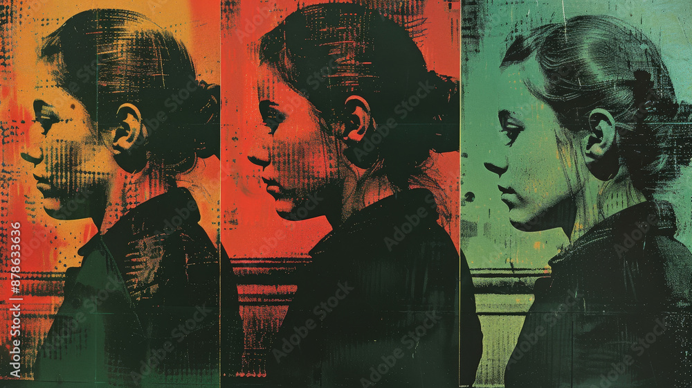 Poster a portrait of a woman in profile, replicated in three different colors, with a textured background