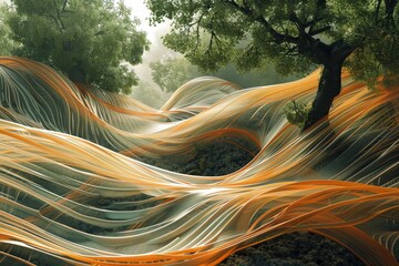 A painting featuring an abstract orange and white wave, Blend organic and synthetic elements to symbolize the intersection of nature and technology in wave forms