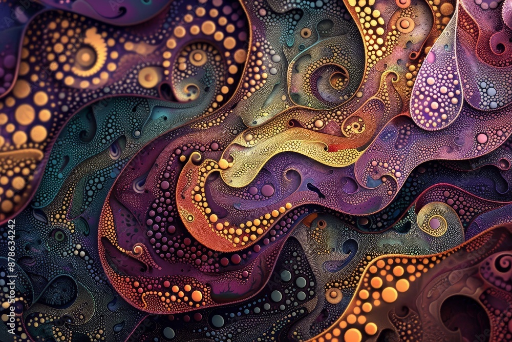 Poster an abstract painting filled with a variety of colors and bubbles scattered across the canvas, blend 
