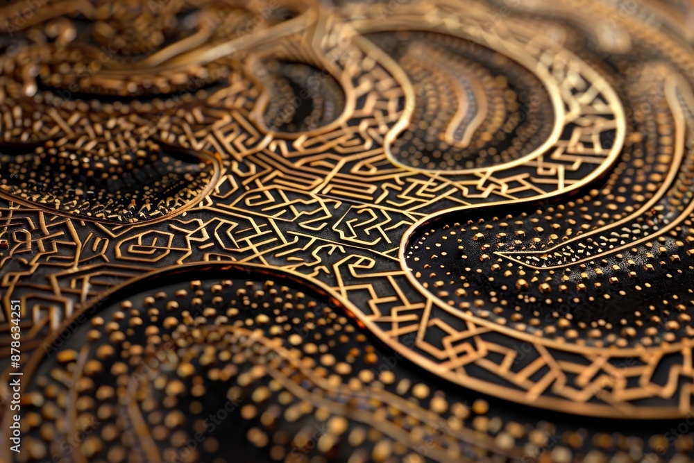 Poster close up of a intricate gold and black design featuring scatter plots and patterns, blend scatter pl