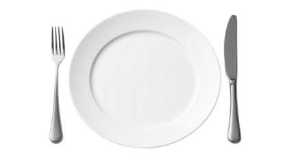 Empty plate with fork and knife, isolated on transparent background.