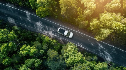 View from the sky of an EV driving on the road