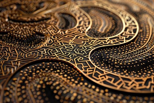 Close up of a intricate gold and black design featuring scatter plots and patterns, Blend scatter plots with intricate patterns to form a unique and intricate design