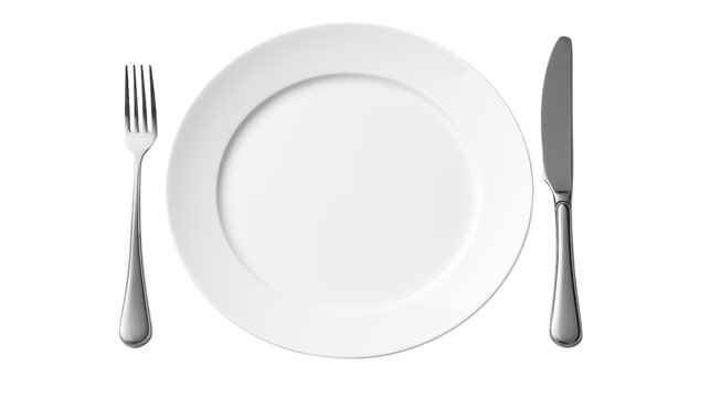 Empty plate with fork and knife, isolated on transparent background.