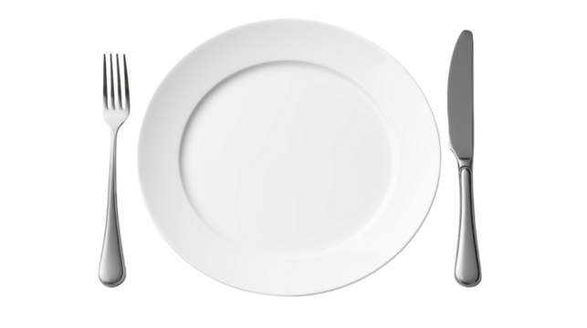 Empty plate with fork and knife, isolated on transparent background.