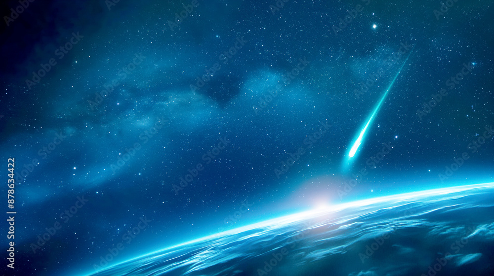 Wall mural Meteor streaking across a star-filled sky above Earth's illuminated curve in vibrant blues and teals.