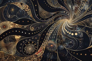 An abstract painting featuring gold and black colors with intricate patterns and scatter plots, Blend scatter plots with intricate patterns to form a unique and intricate design