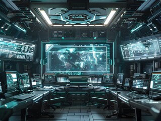 Sleek and sophisticated high tech command center featuring holographic displays floating interfaces and moody cinematic lighting creating a futuristic 