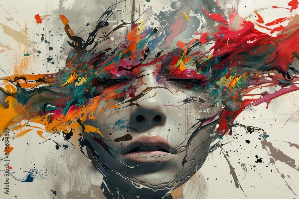 Aufkleber painting of a womans face with colorful paint splatters creating an abstract and vibrant effect, ble