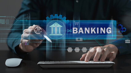 Online banking. Businessman holding word banking in hand with network connection of Ai banking and financial. Artificial Intelligence (AI) & Banking, Customer network, Digital marketing, Finance.