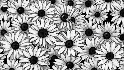 Monochrome floral daisy pattern illustration inspired by the groovy 70s textile trends
