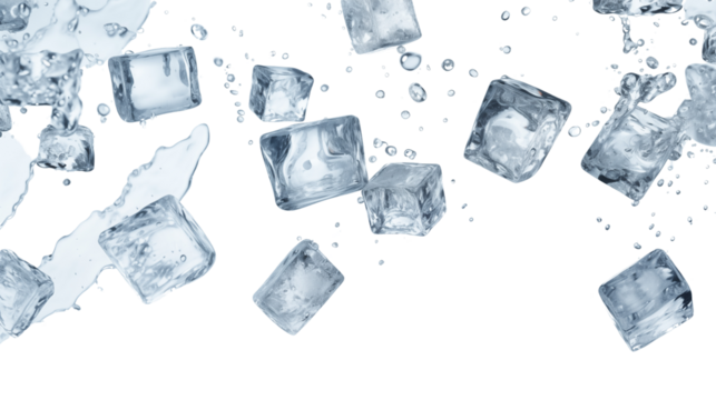 Falling ice cubes transparent background.